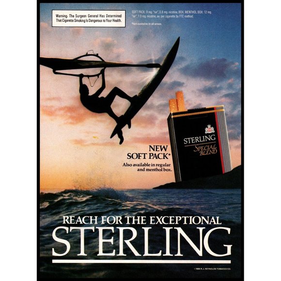 1985 Sterling Cigarettes Vintage Print Ad Wind Surfing Coastline Sunset Wall Art - Picture 1 of 1